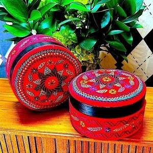Vintage Embroidered Fabric Boxes Pair| Hand-Stitched Red Textile Trinket Box Set